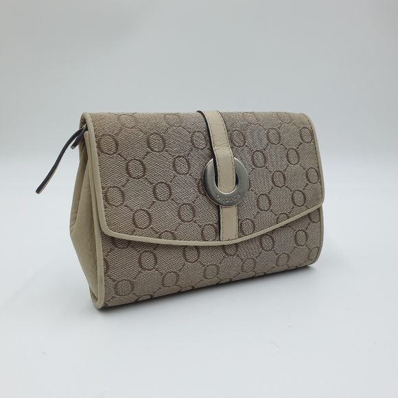 Oroton Handbags - Oroton Cream/Beige Canvas Leather Cosmetic Bag Make Up Case